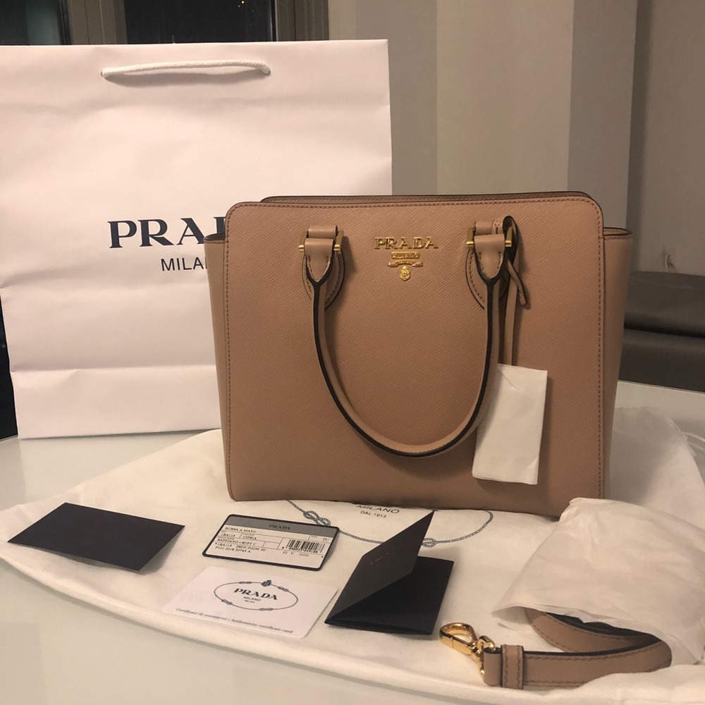 NWT Prada Saffiano Leather HandBag, Cammeo